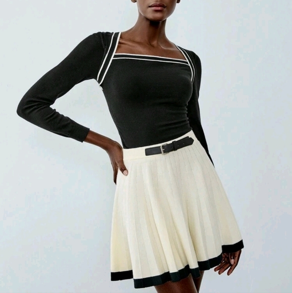 Contrasting Color Knitted A-Line Mini Skirt With Belt, Stylish & Versatile - Picture 4 of 4